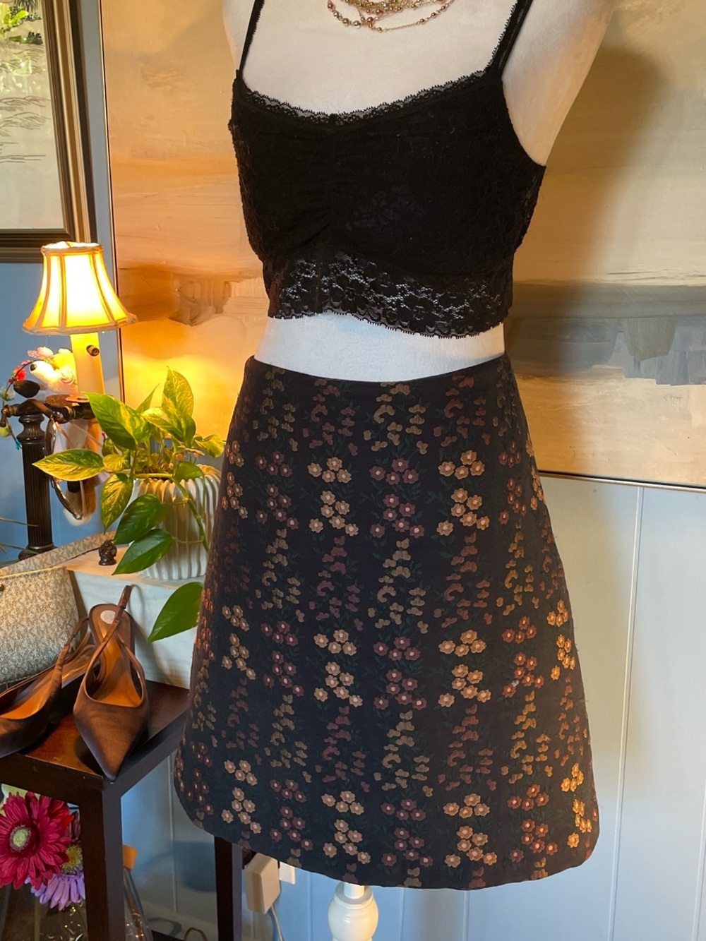 Ann Taylor Black A-Line Skirt with Bronze and Rose Floral Motif